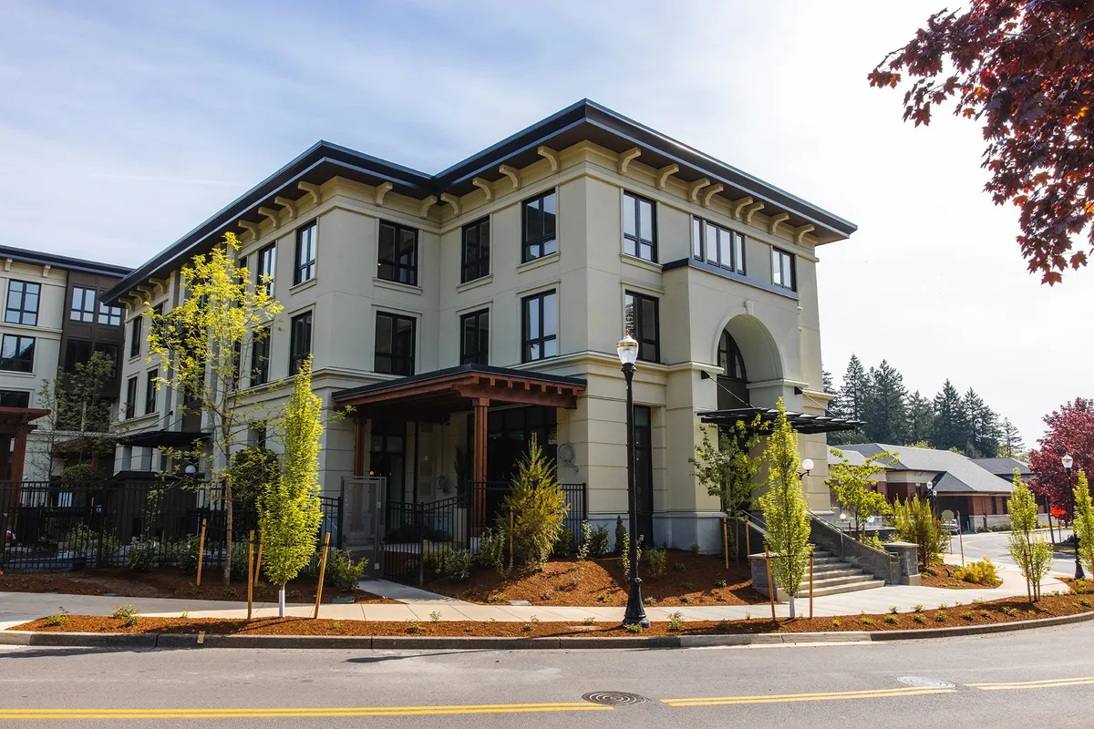 Corner view of a Lake Oswego Mercantile Village apartment building
