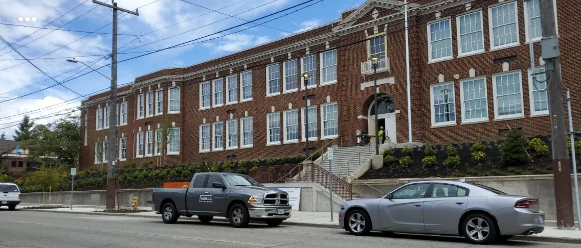 Panoramic view of the historic Magnolia school building from the street